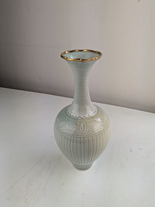 Bridget Drakeford - celadon tall neck vase, curved bottle w gold leaf