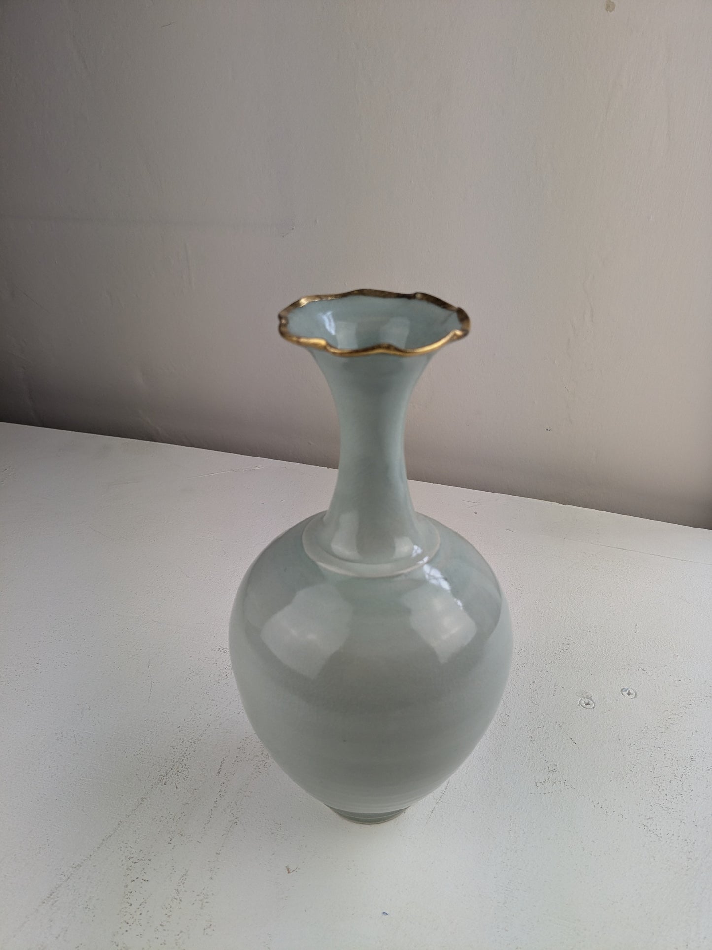 celadon tall neck vase gold leaf rim